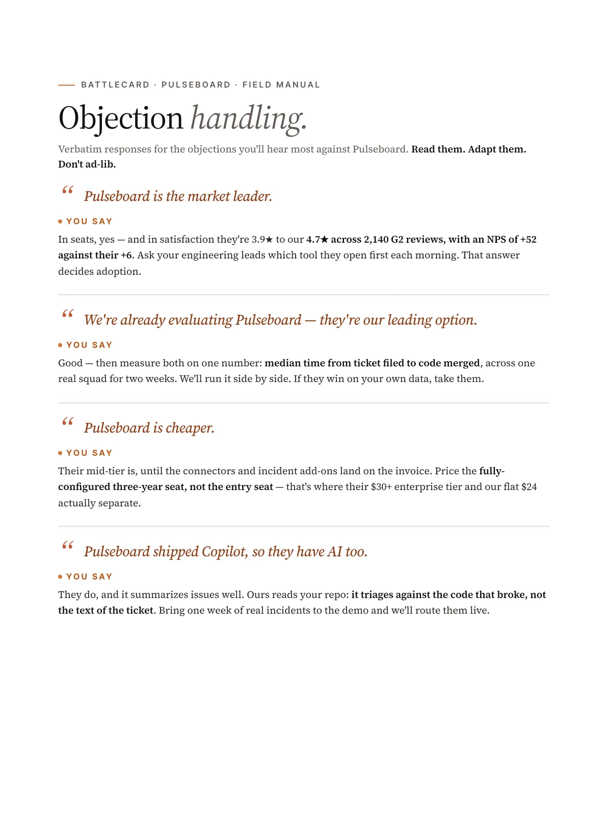 Objection handling page pairing each objection a prospect raises with a scripted response for the rep