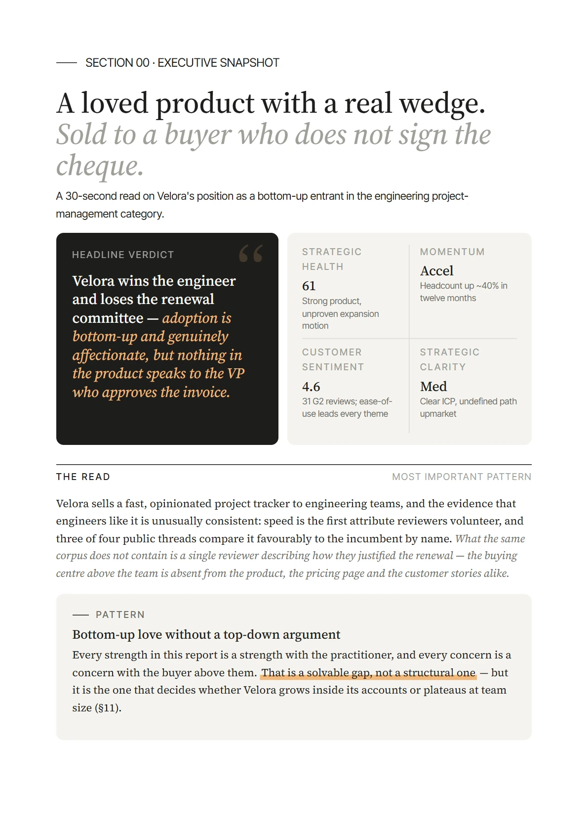 Executive snapshot page with a headline verdict card, four scored signals covering strategic health, momentum, sentiment and clarity, and the pattern the report reads from them