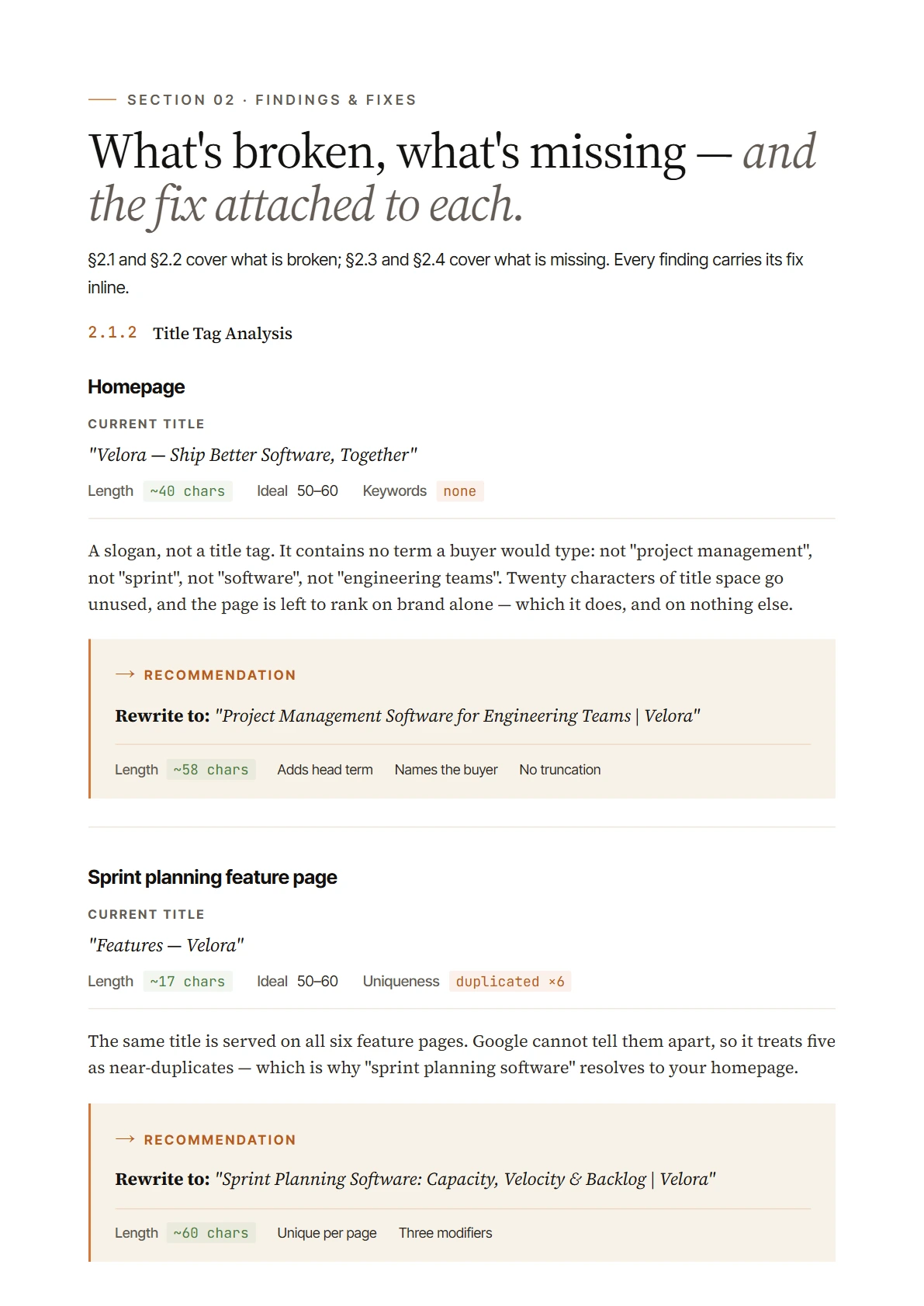 Findings and fixes page showing two page titles audited, each with its character count, what is wrong with it, and the exact rewrite recommended